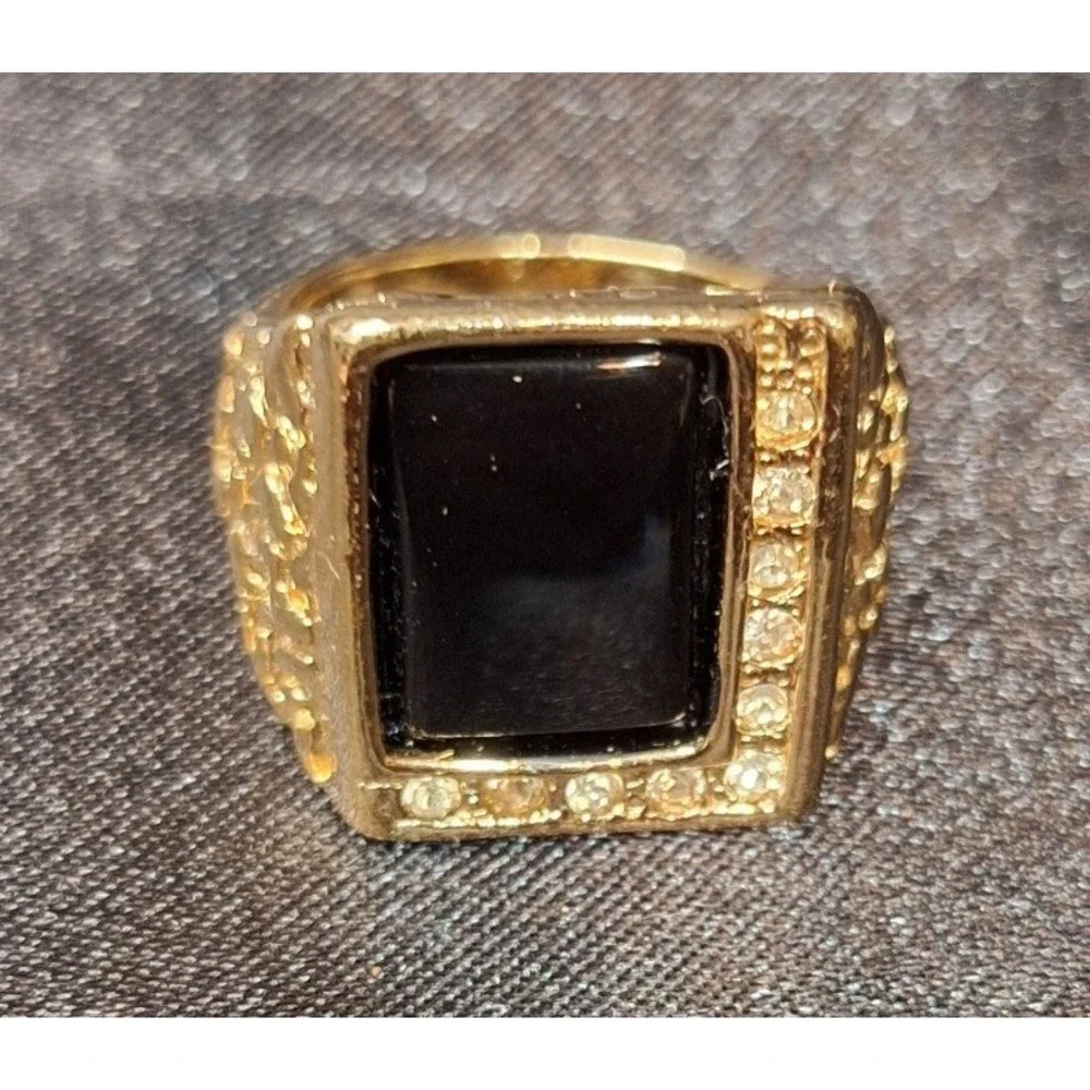 Mens Gold Tone Nugget Signet Ring Black Onyx Style Stone Rhinestones Size 9